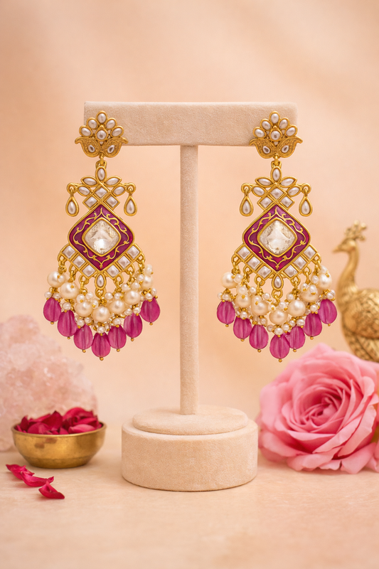 Purple Elegant Kundan & Pearl Chandbali Earrings