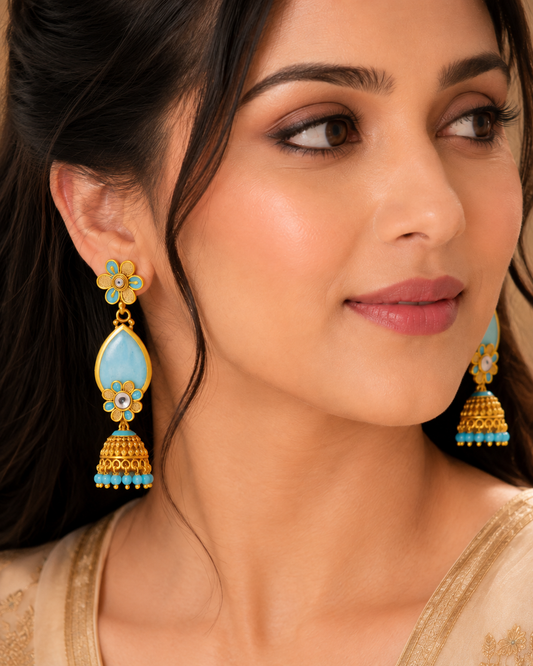 Sky Blue Regal Gold Jhumka Earrings