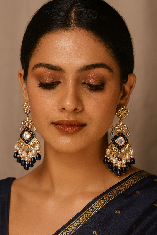 Navy Blue Elegant Kundan & Pearl Chandbali Earrings