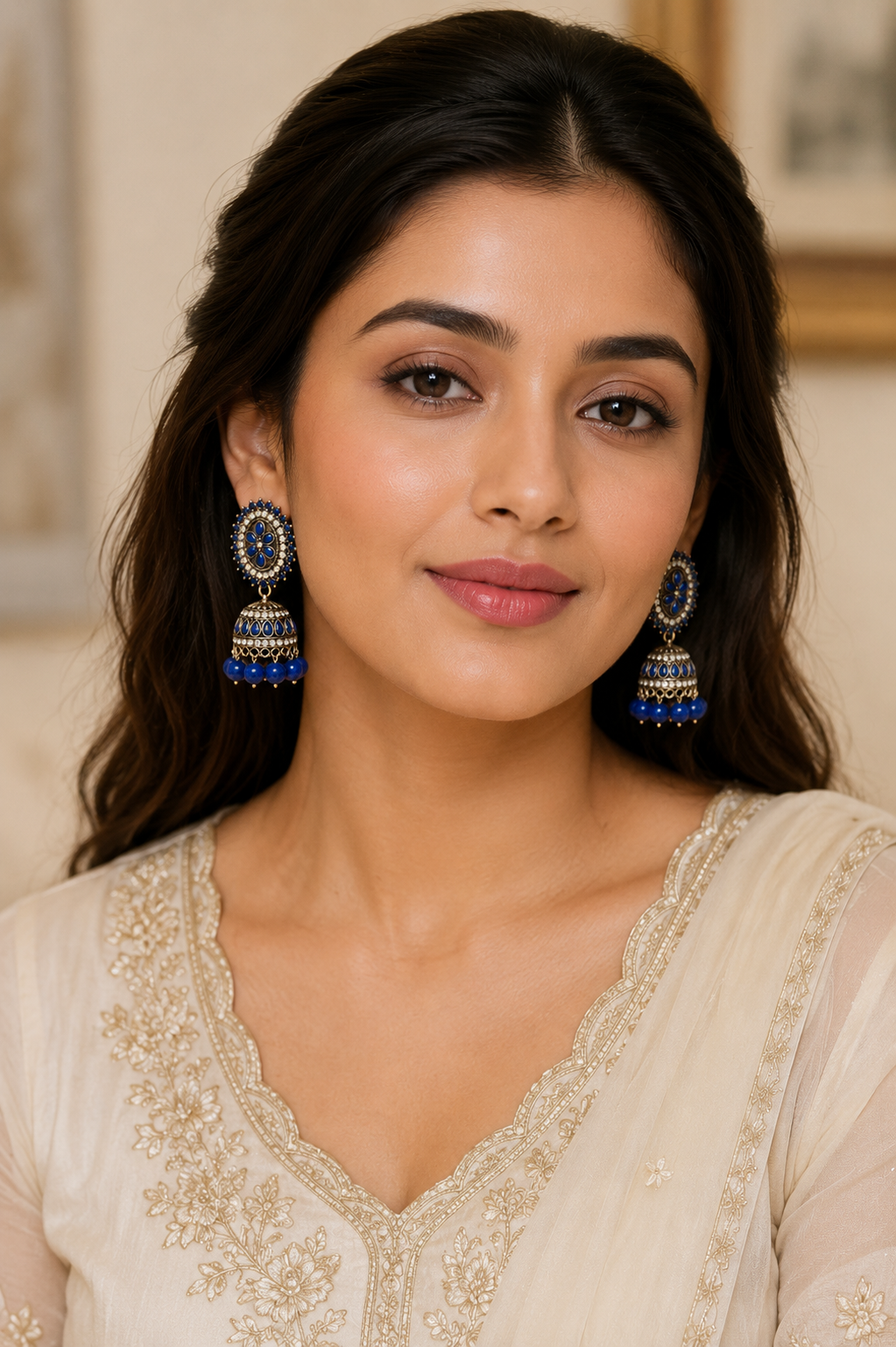 Deep Blue Kundan Jhumka Earrings