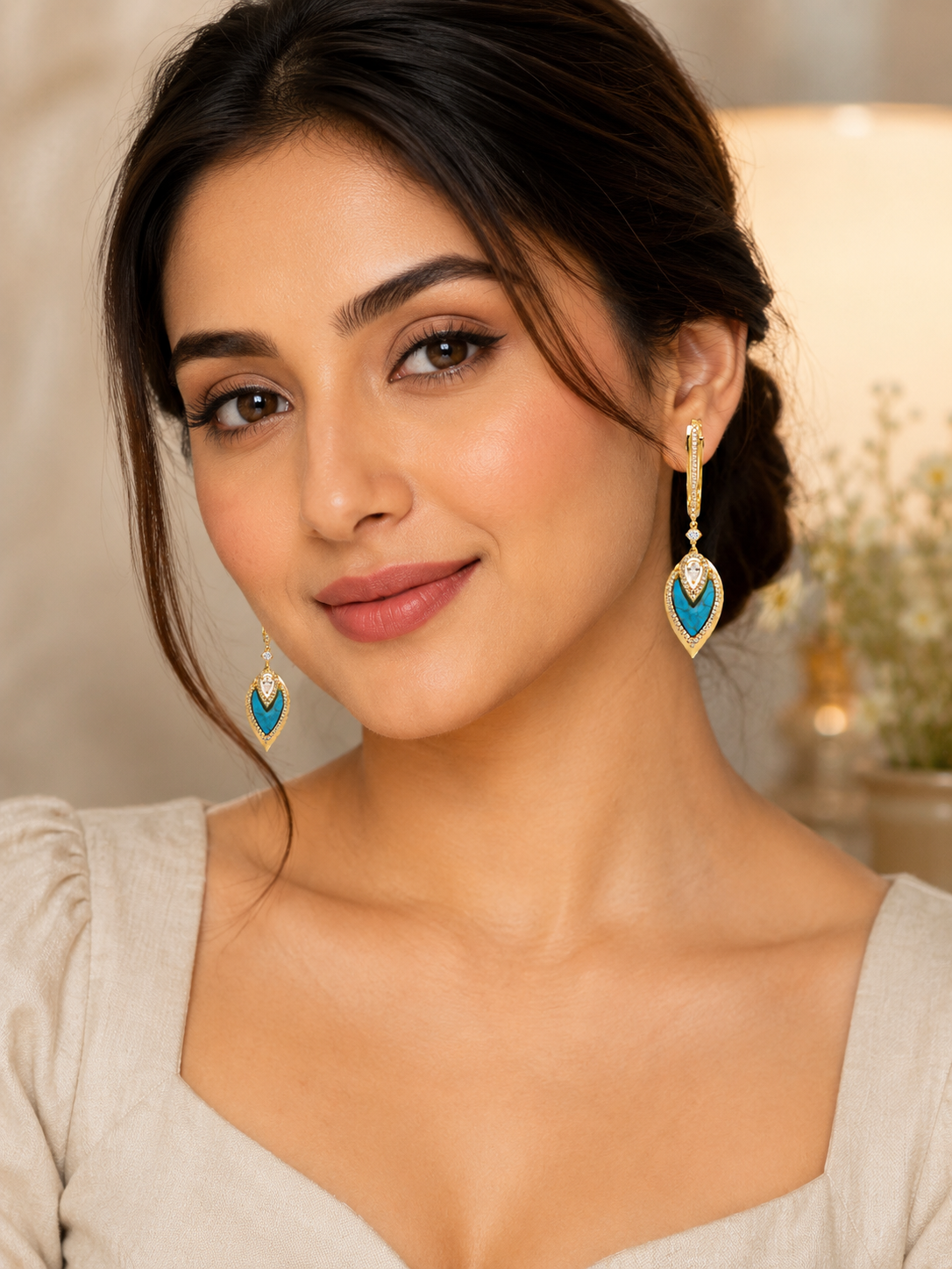 Elegant Turquoise & Diamond Drop Earrings