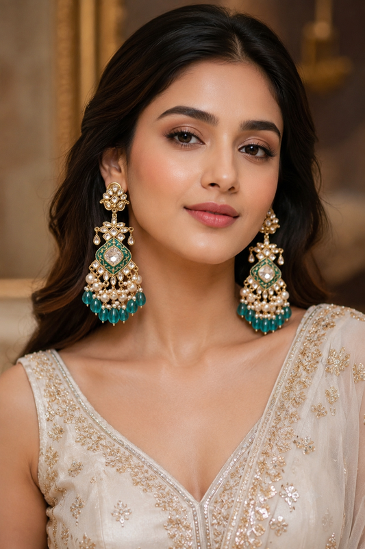 Turquoise Blue Elegant Kundan & Pearl Chandbali Earrings