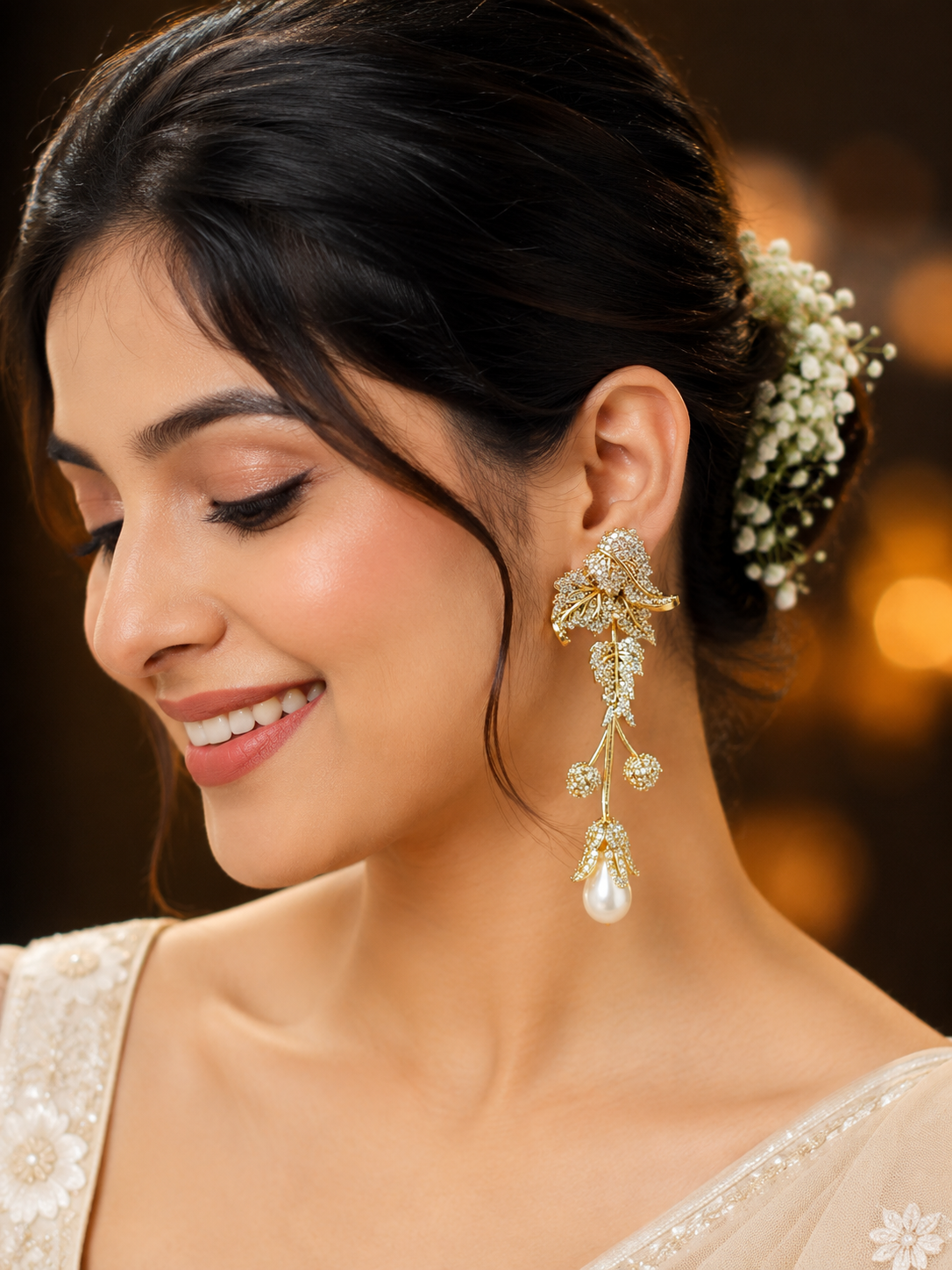 Royal Floral Crystal Long Dangler Earrings
