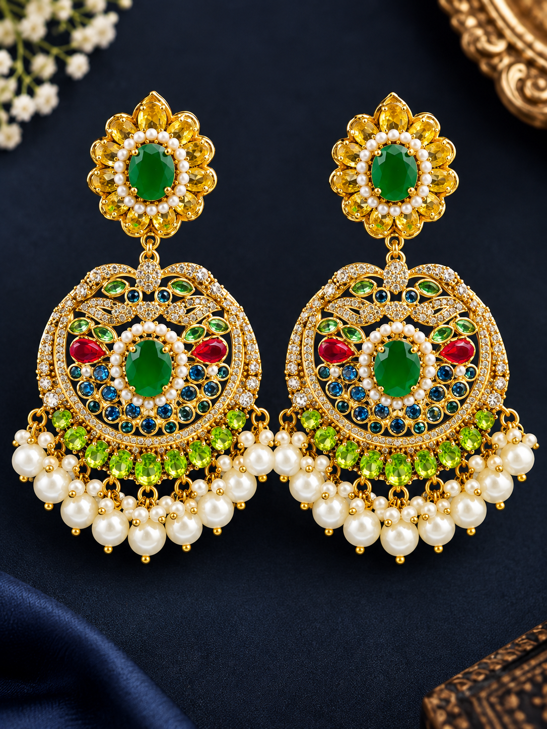 Emerald Pearl Kundan Chandbali Earrings