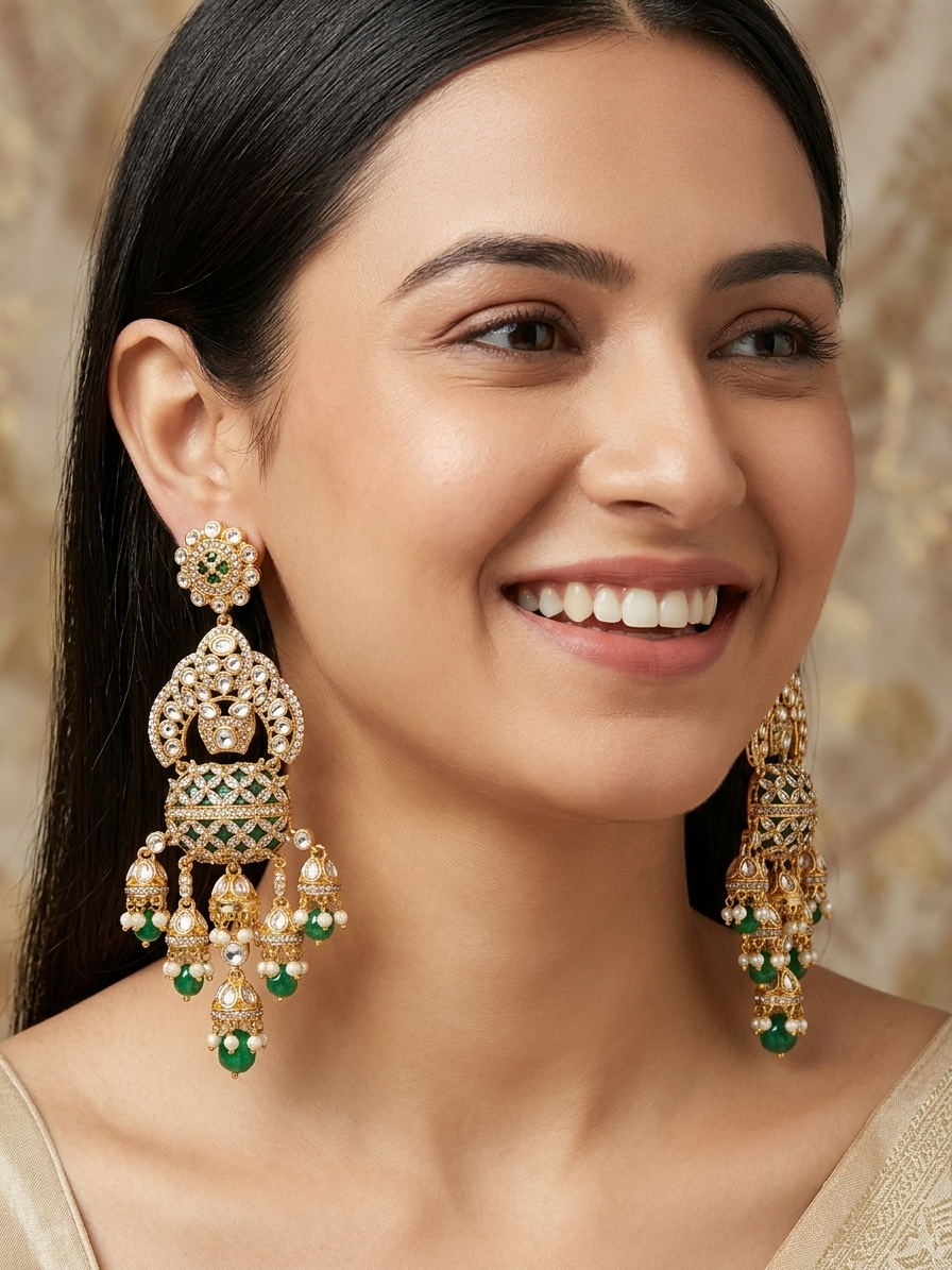 Royal Emerald Green Kundan Long Drop Earrings