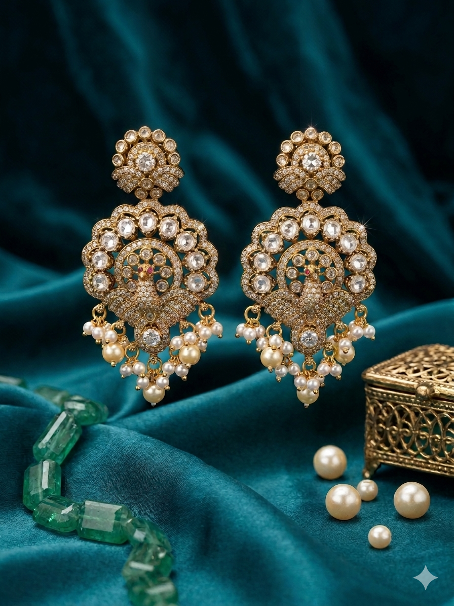Timeless Royalty β Pearl & Stone Studded Chandbali Earrings