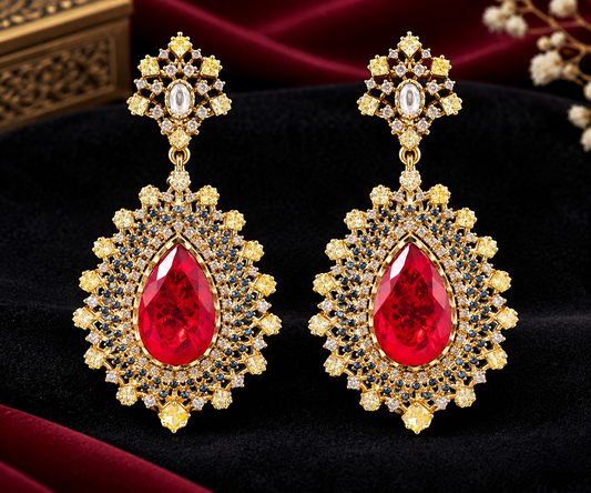 Ruby Red Crystal and Blue Statement Drop Earrings