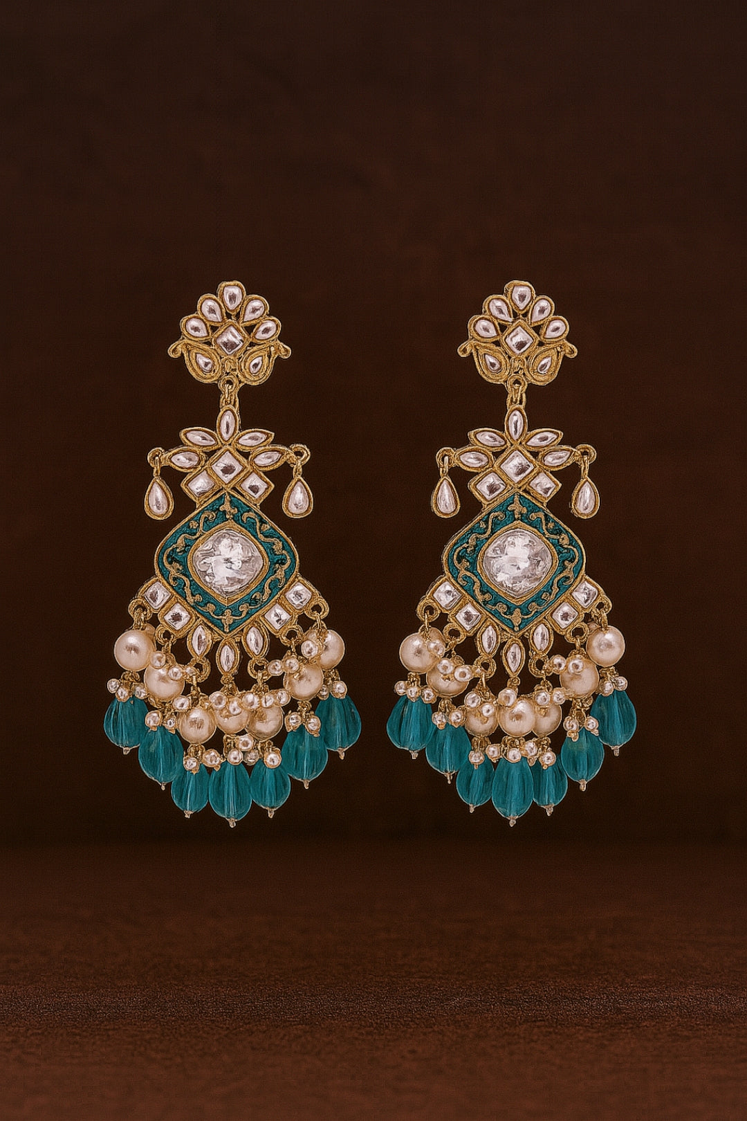Turquoise Blue Elegant Kundan & Pearl Chandbali Earrings