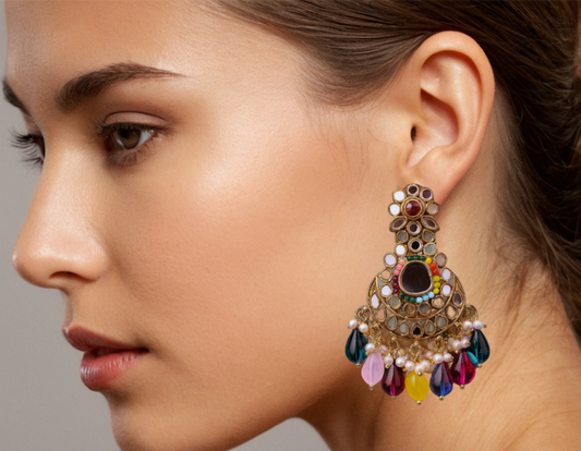 Vibrant Kundan Chandbali Earrings – Multicolor Elegance