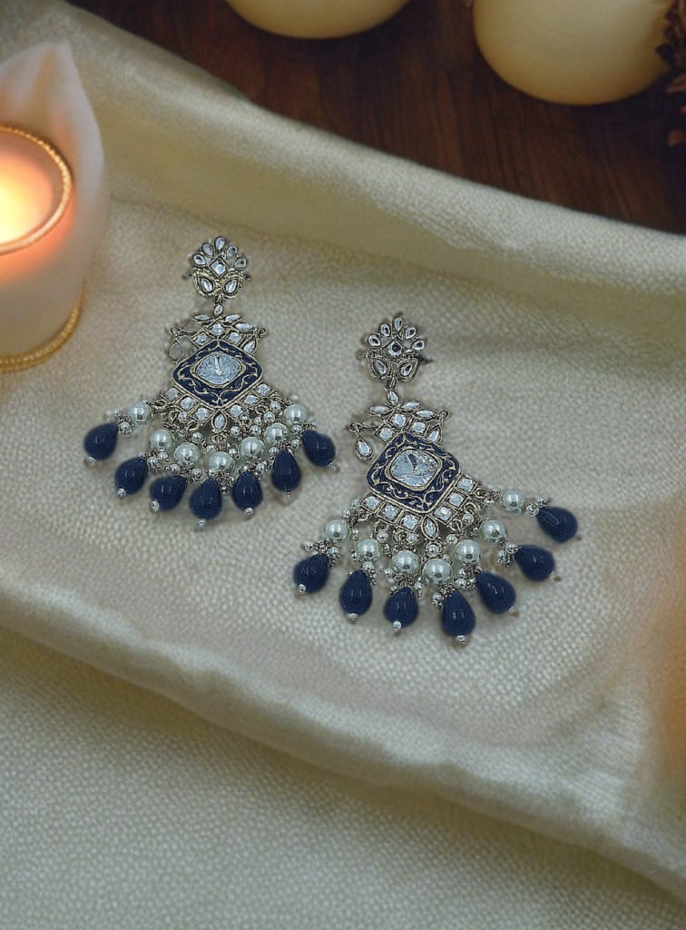 Navy Blue Elegant Kundan & Pearl Chandbali Earrings