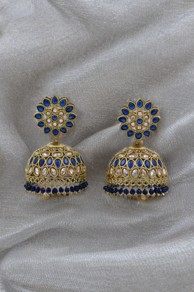 Royal Blue Kundan Jhumka Earrings