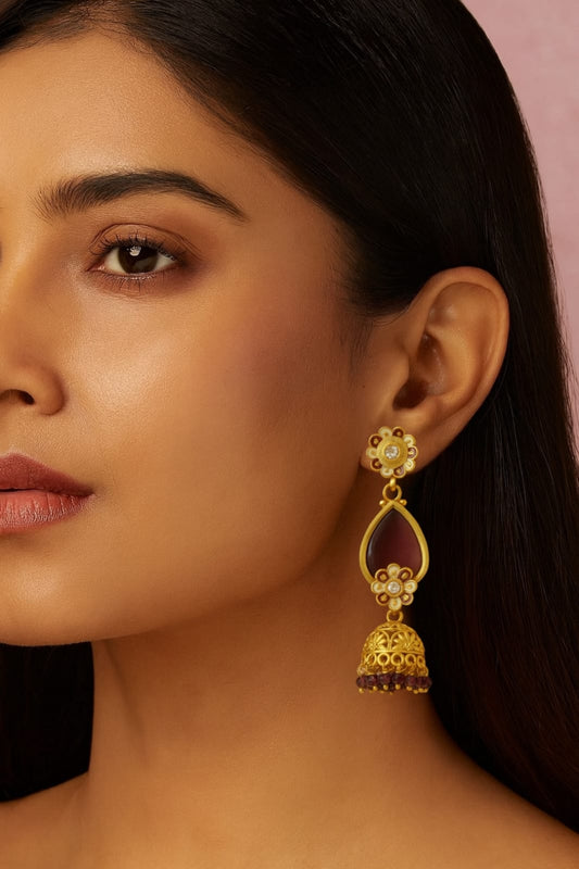 Maroon Regal Gold Jhumka Earrings