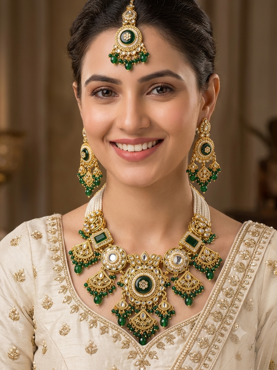 Emerald Kundan Pearl Necklace Set
