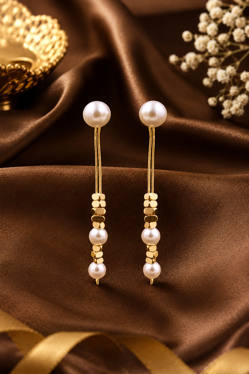 Golden Pearl Cascade Earrings