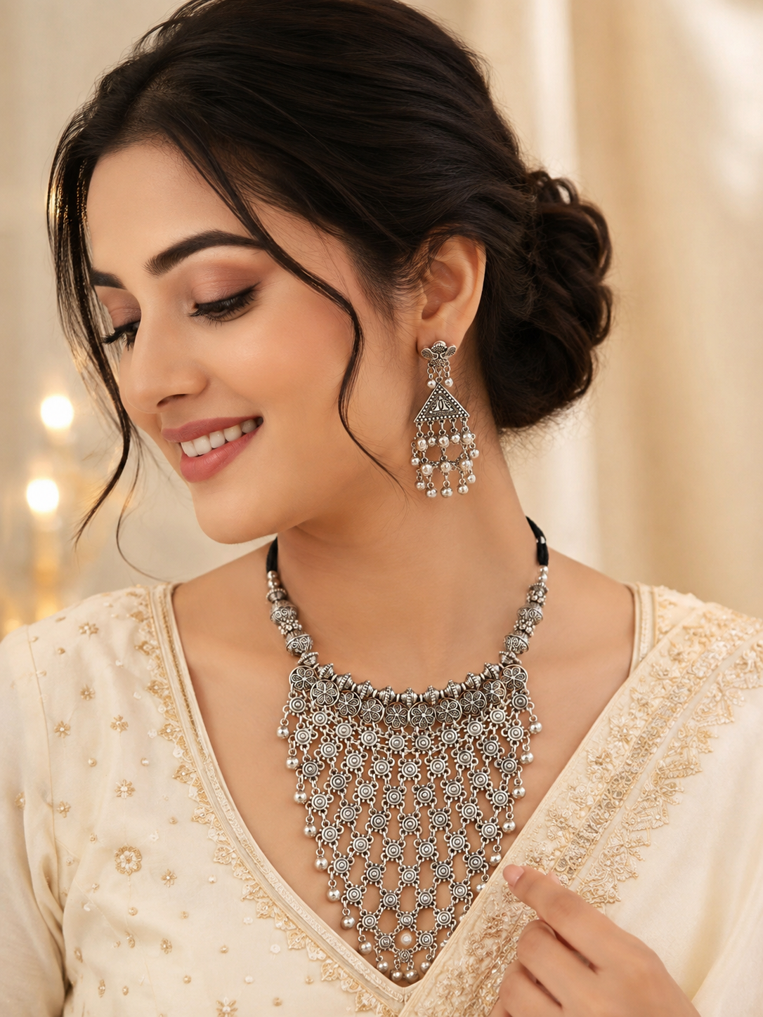 Traditional Silver Filigree Statement Necklace Set