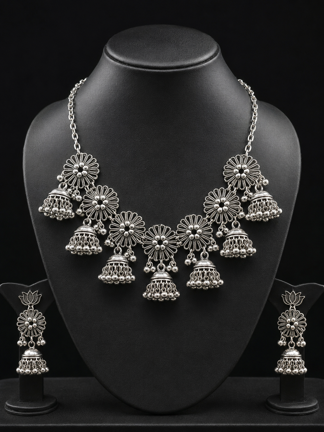 Antique Silver Floral Jhumka Necklace Set