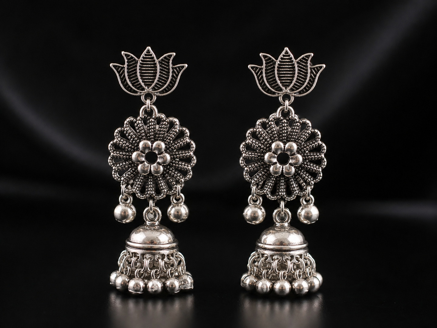 Antique Silver Floral Jhumka Necklace Set