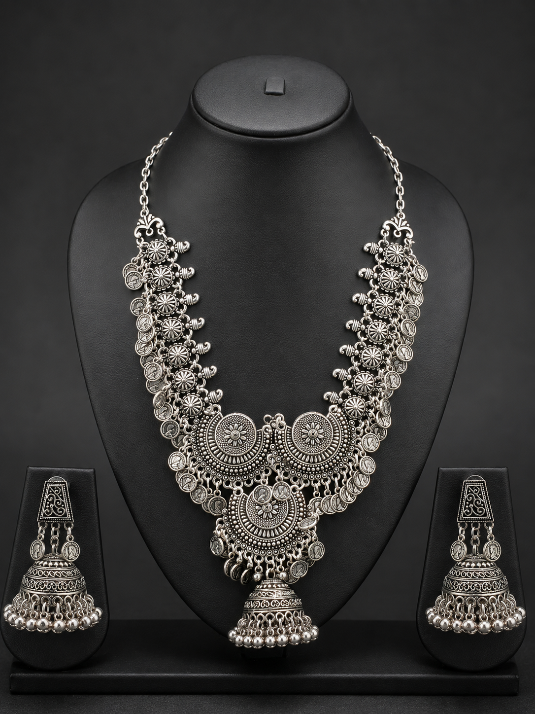 Oxidized Silver Coin Motif Necklace Set