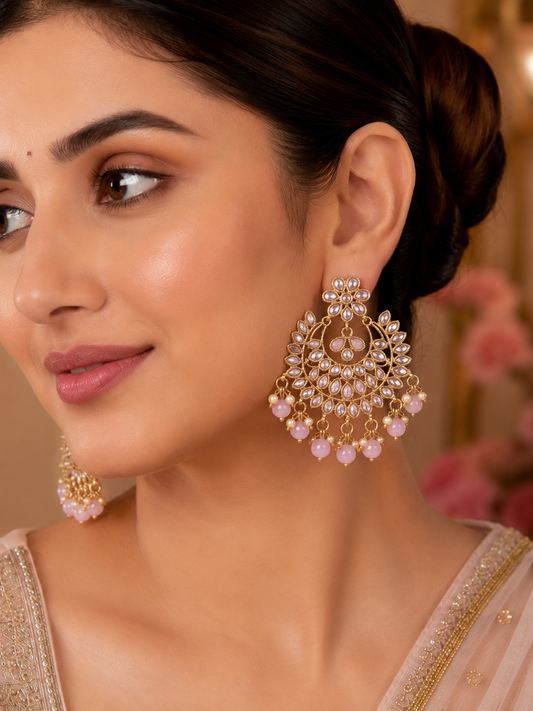 Pink Royal Kundan Chandbali Earrings