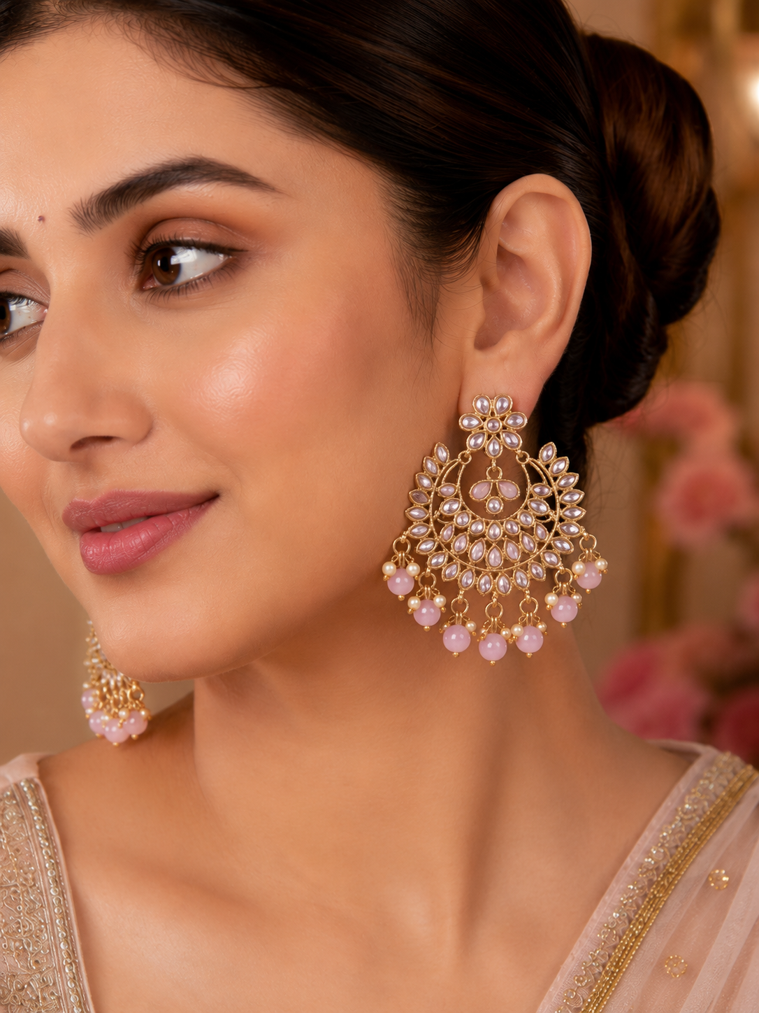 Pink Royal Kundan Chandbali Earrings