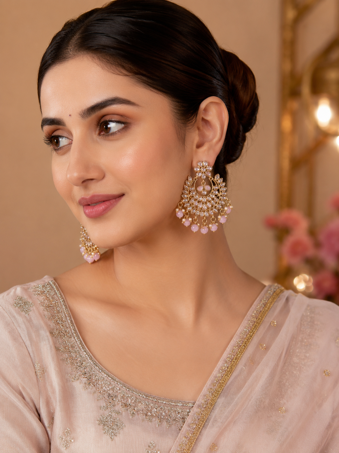 Pink Royal Kundan Chandbali Earrings