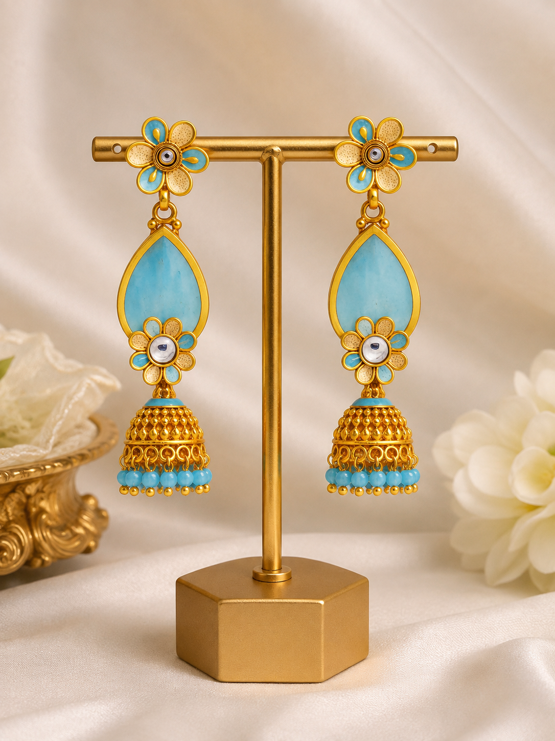 Sky Blue Regal Gold Jhumka Earrings