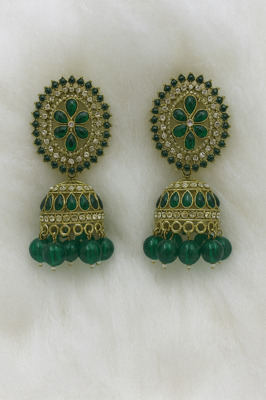 Green Kundan Jhumka Earrings
