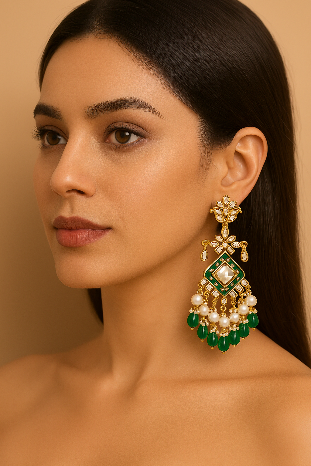 Green Elegant Kundan & Pearl  Chandbali Earrings