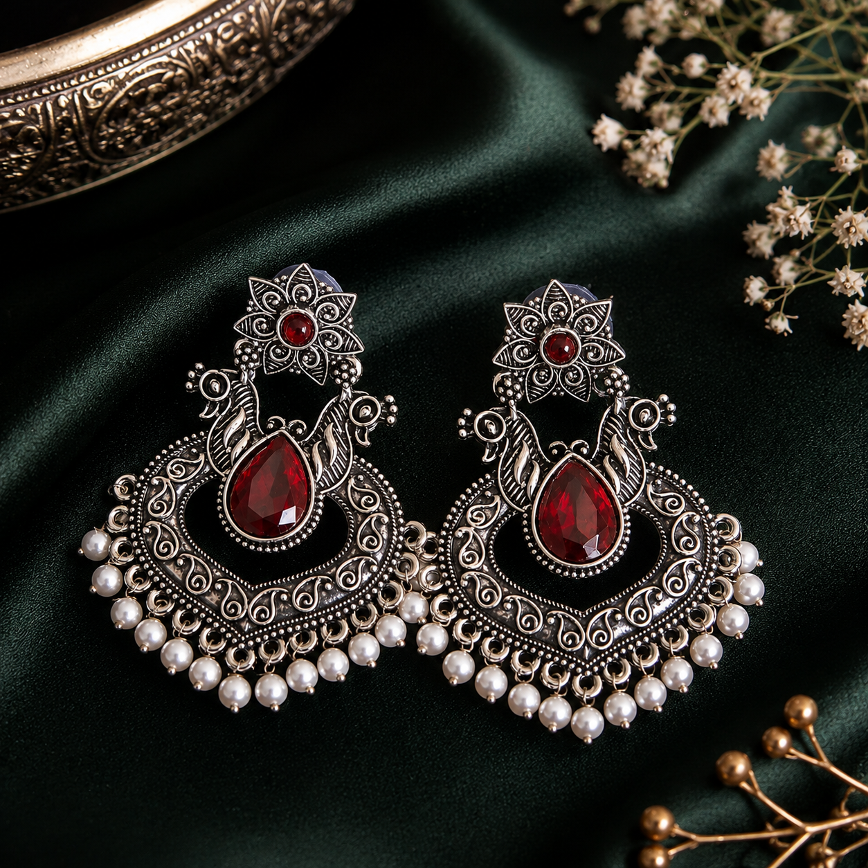 Ruby Bloom Oxidised Pearl Chandbali Earrings