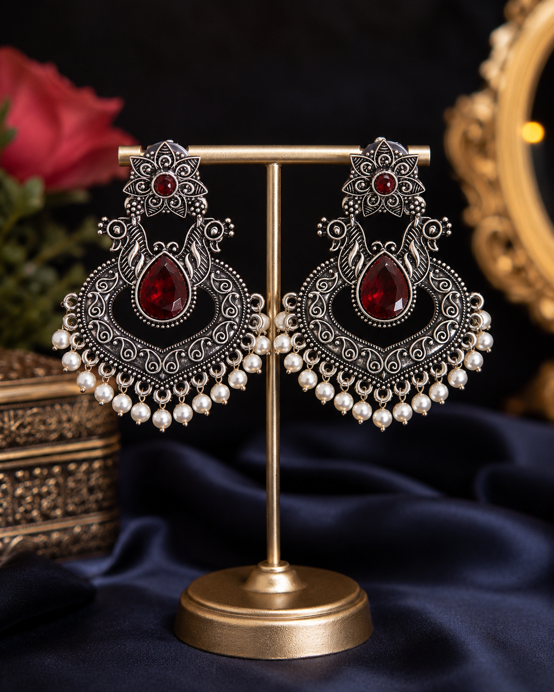 Ruby Bloom Oxidised Pearl Chandbali Earrings