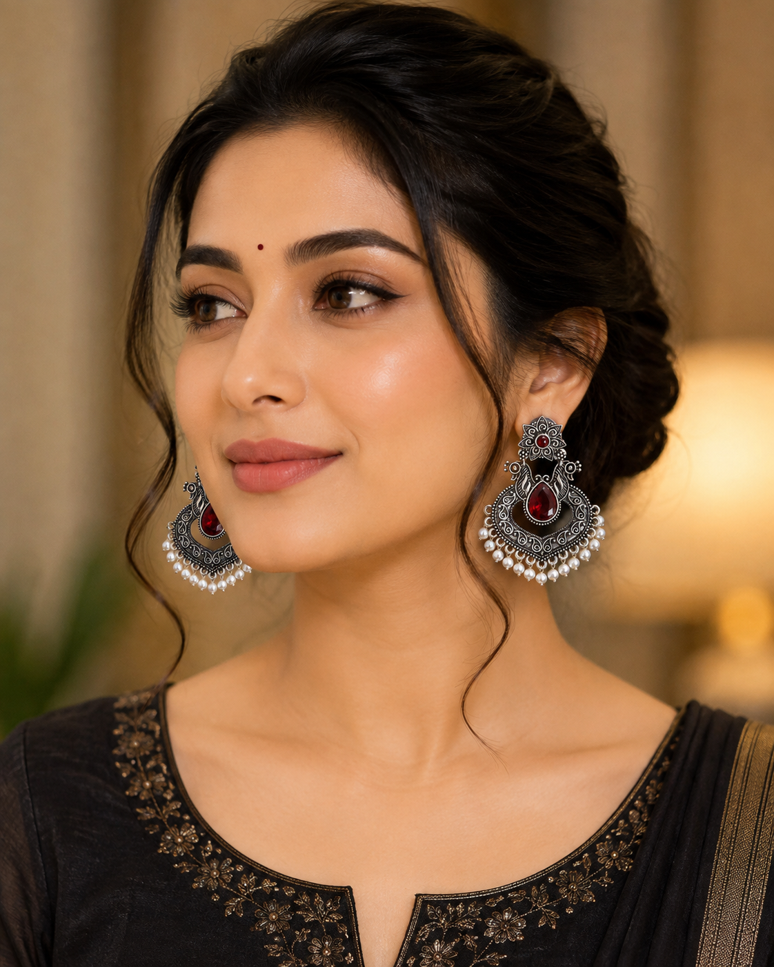 Ruby Bloom Oxidised Pearl Chandbali Earrings