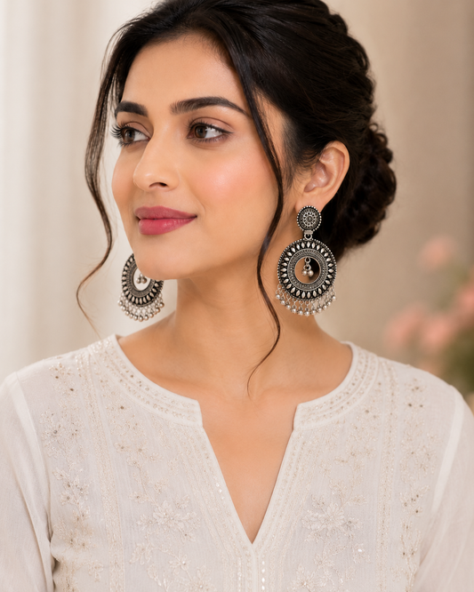 Noor Oxidised Circle Drop Earrings