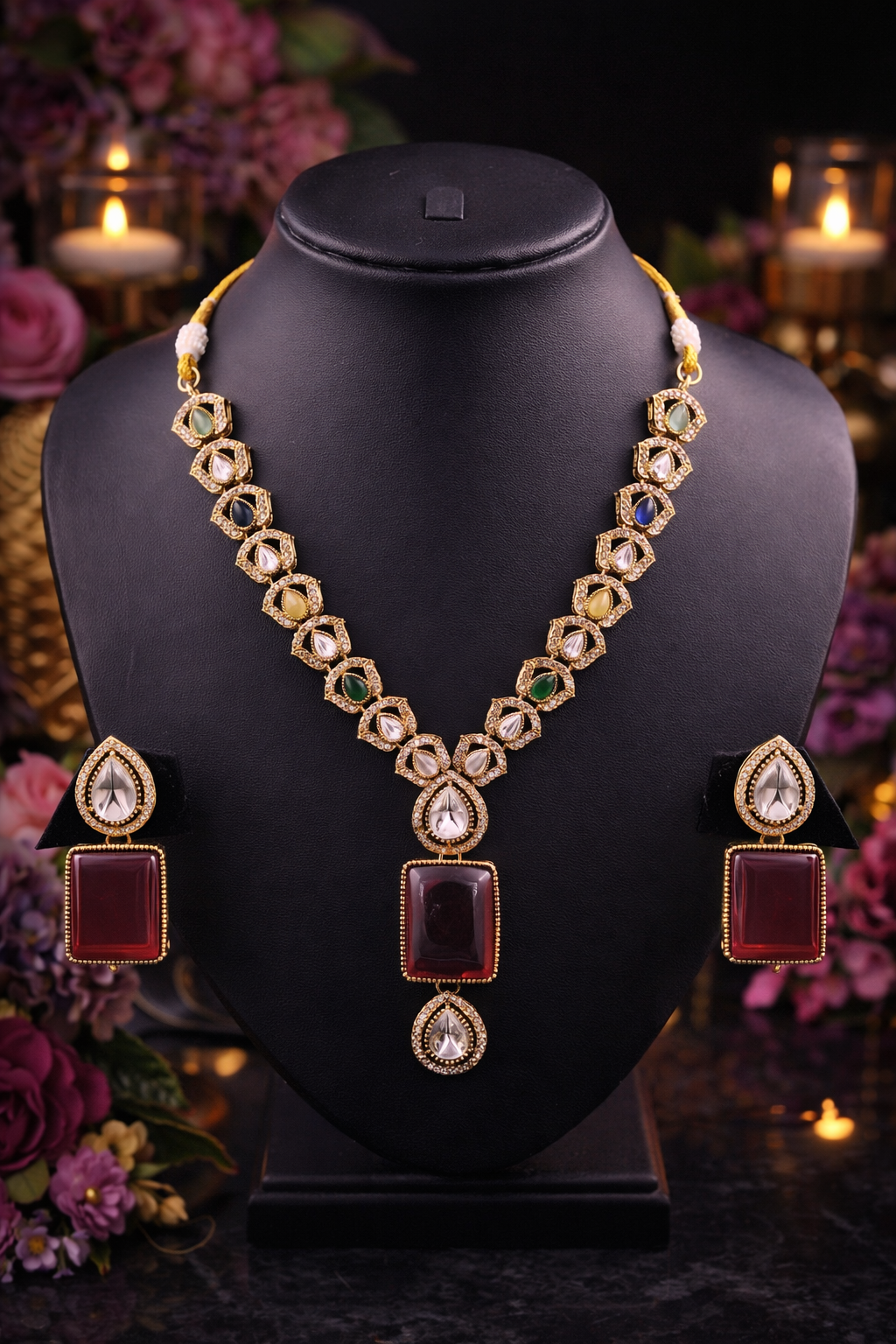 Royal Multigem Polki Necklace Set