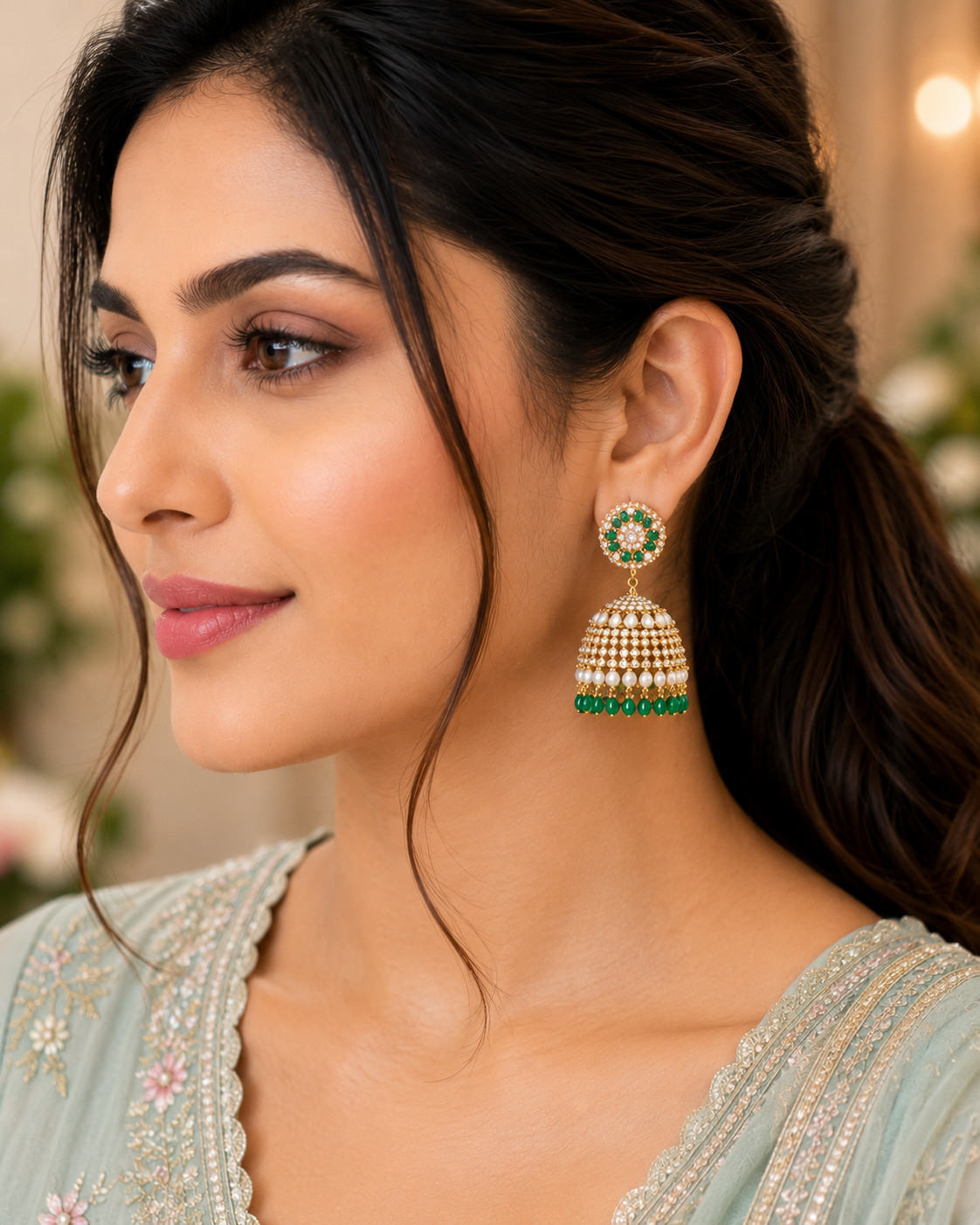 Emerald Majestic Golden Diamond Jhumkas