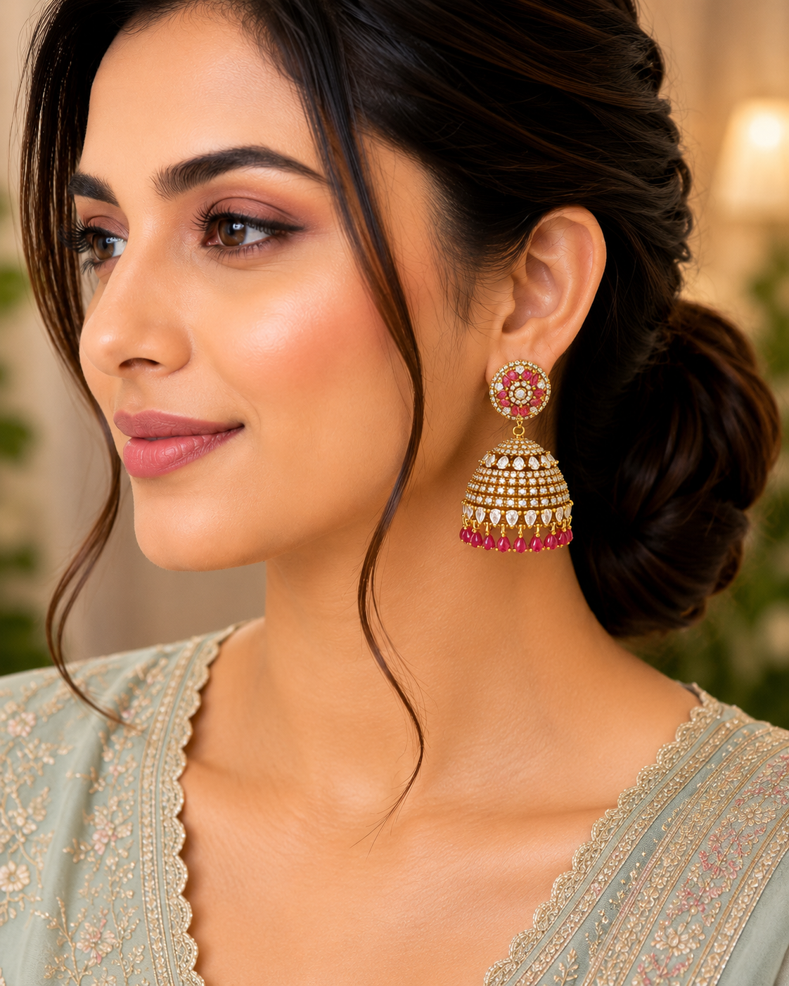 Ruby Majestic Golden Diamond Jhumkas