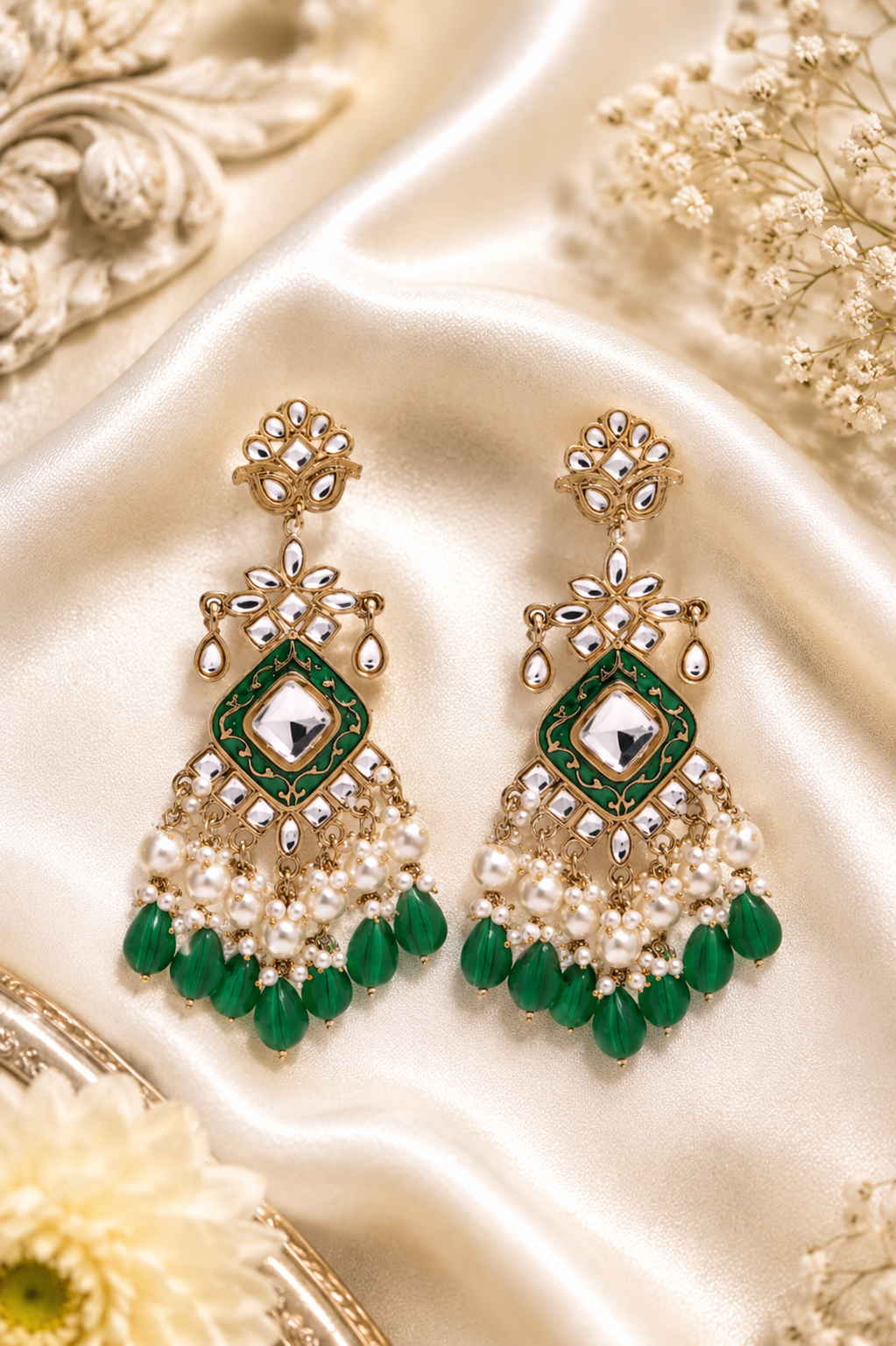 Green Elegant Kundan & Pearl  Chandbali Earrings