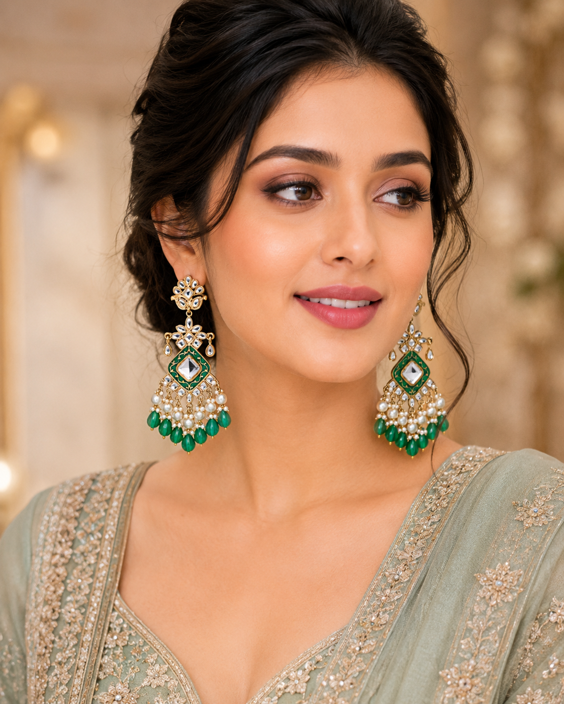 Green Elegant Kundan & Pearl  Chandbali Earrings