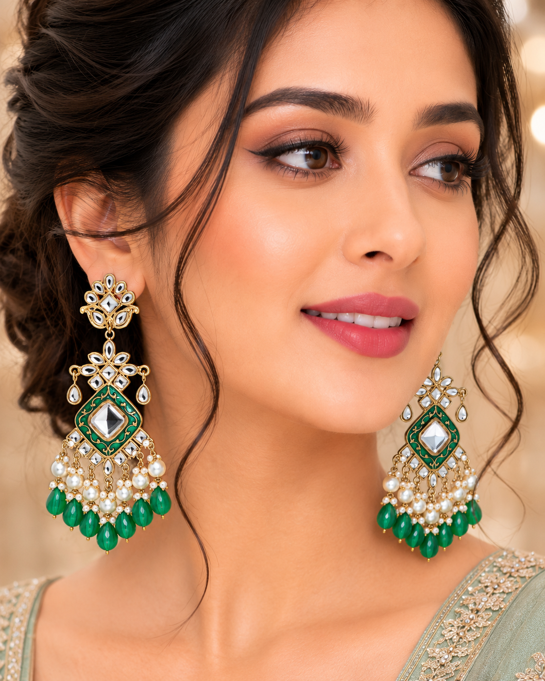 Green Elegant Kundan & Pearl  Chandbali Earrings