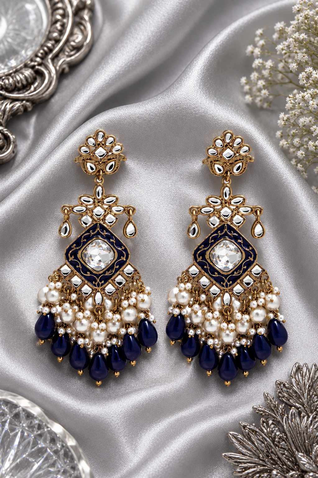 Navy Blue Elegant Kundan & Pearl  Chandbali Earrings