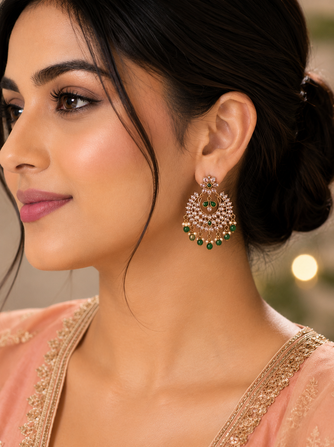 Green Royal Kundan Chandbali Earrings