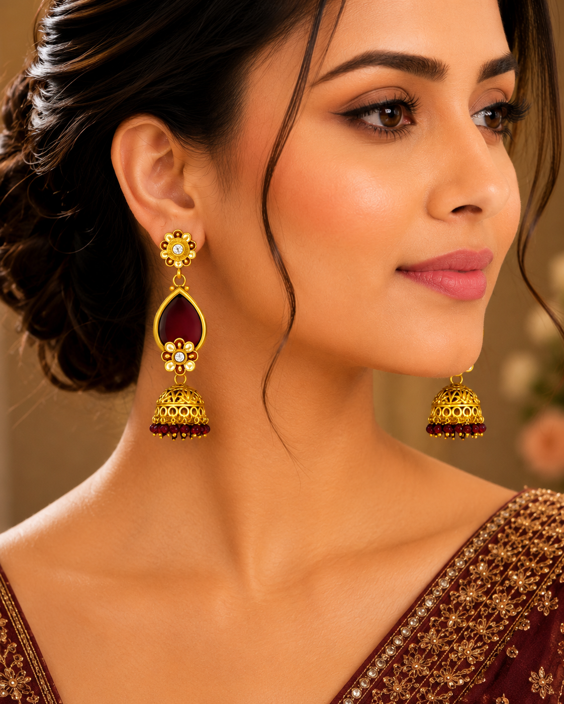 Maroon Regal Gold Jhumka Earrings
