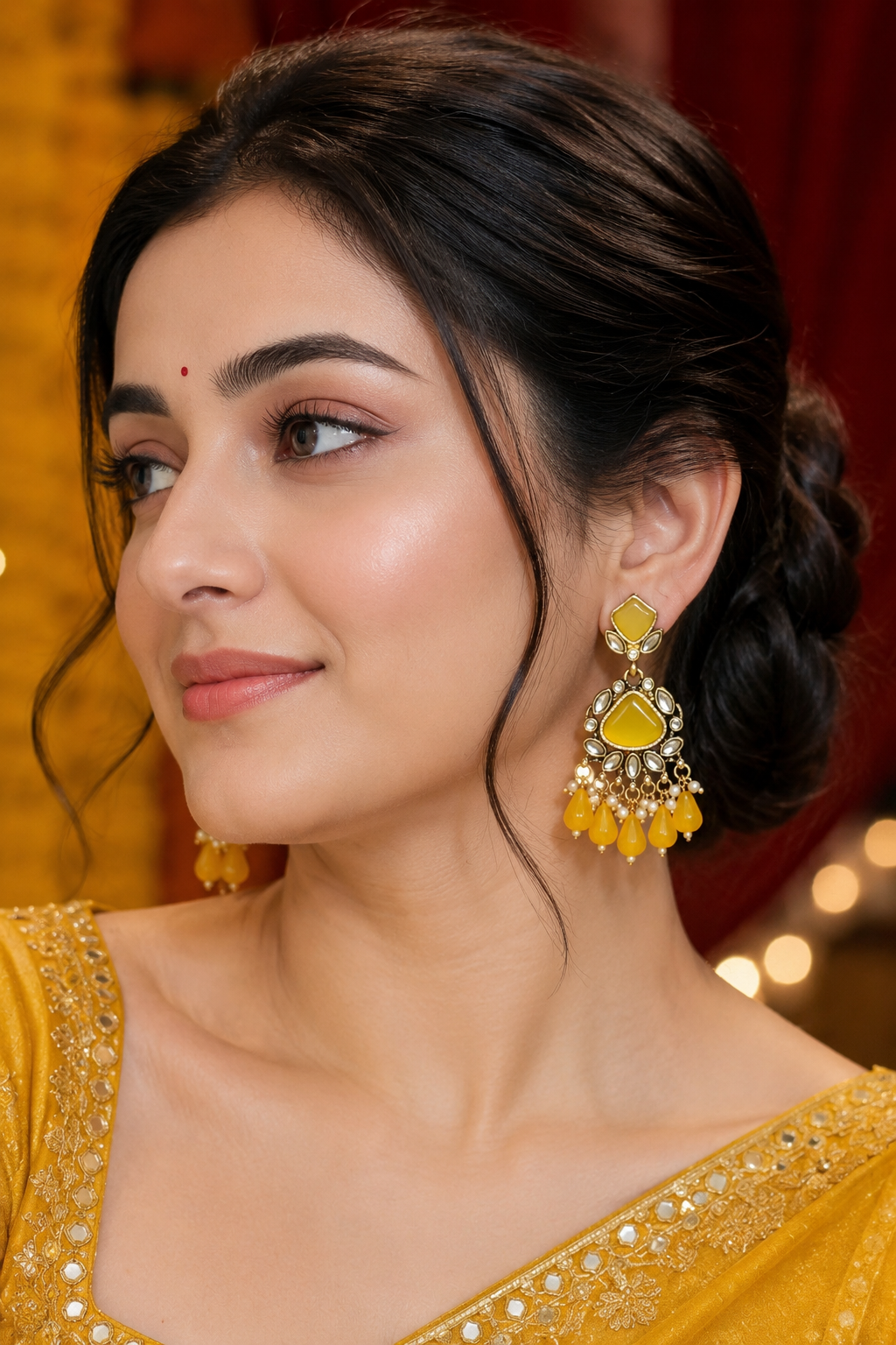 Yellow Sunshine Kundan Drop Earrings