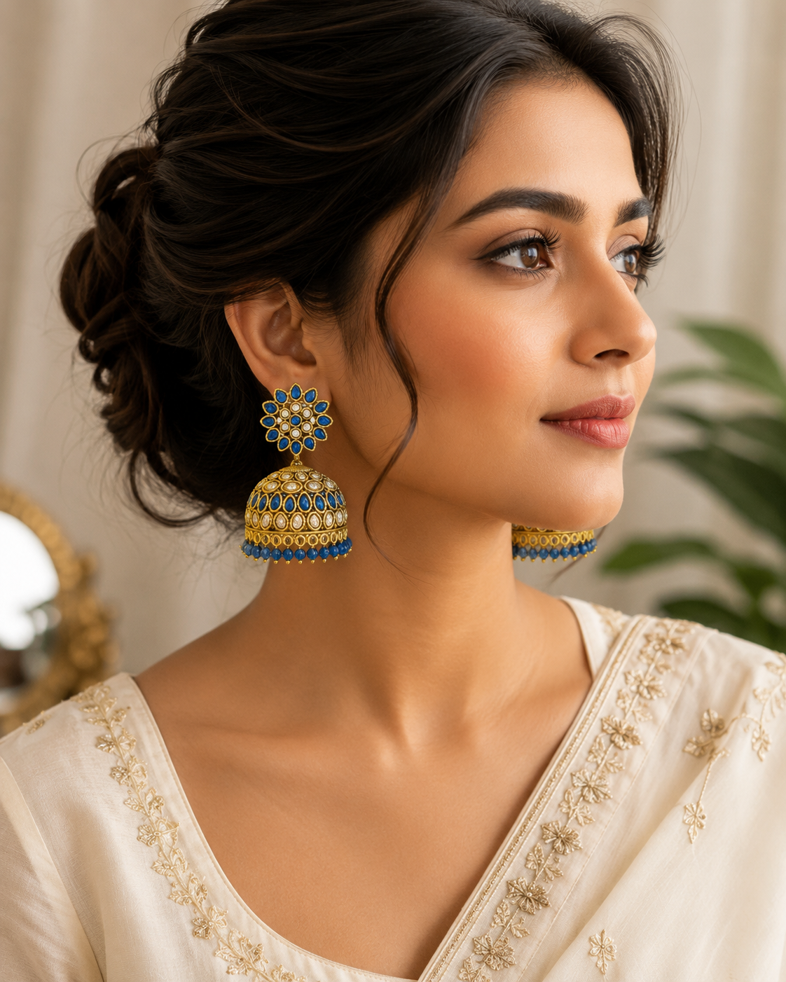 Royal Blue Kundan Jhumka Earrings