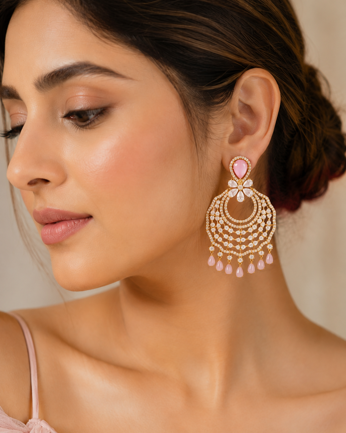Pink Stone Chandelier Earrings