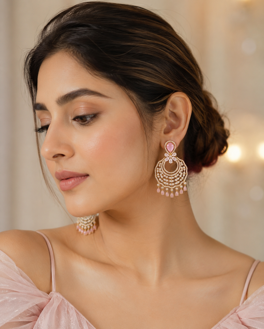 Pink Stone Chandelier Earrings