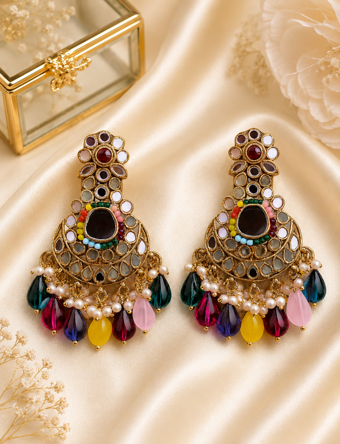 Vibrant Kundan Chandbali Earrings – Multicolor Elegance
