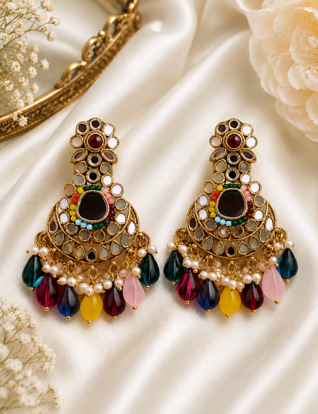 Vibrant Kundan Chandbali Earrings – Multicolor Elegance
