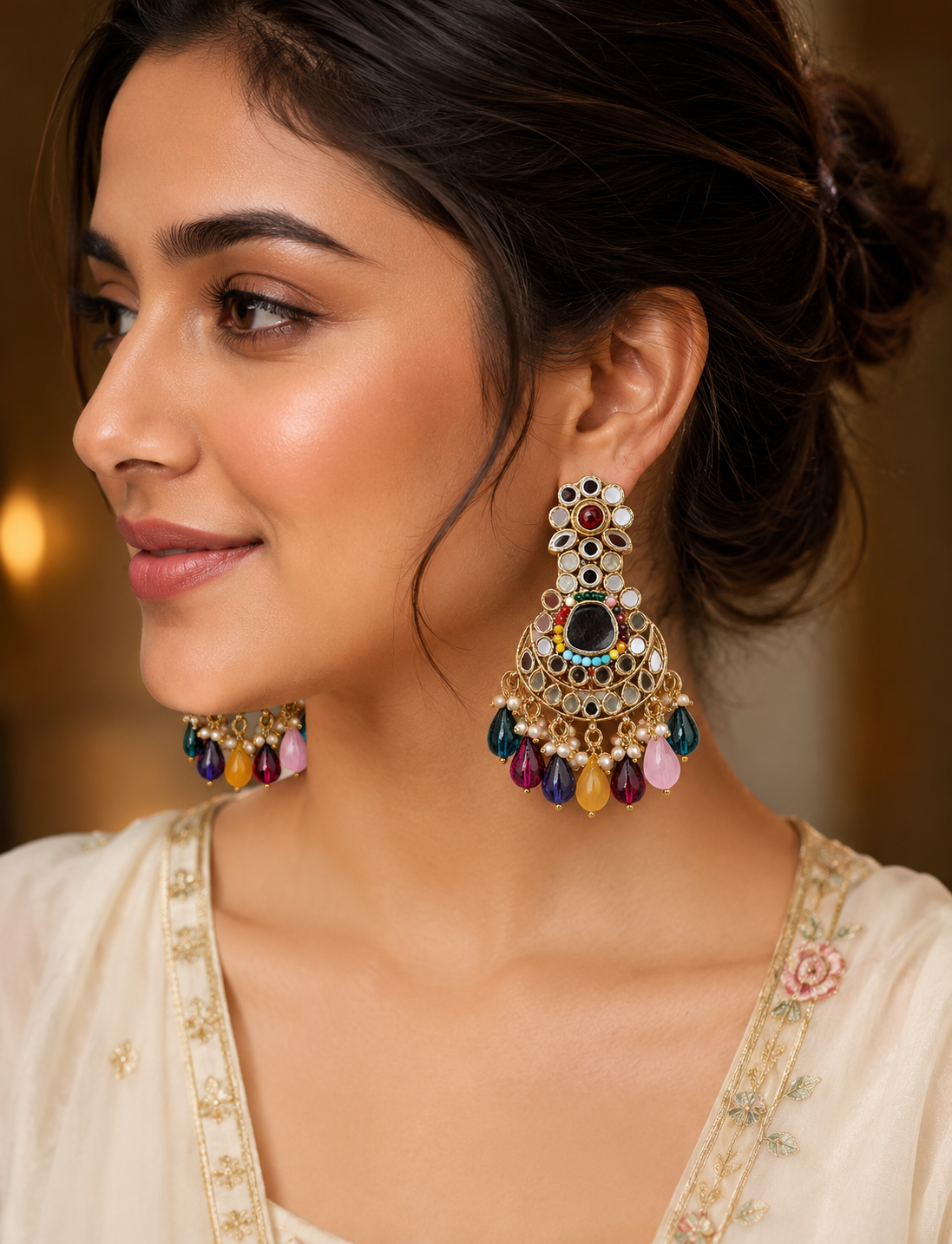 Vibrant Kundan Chandbali Earrings – Multicolor Elegance