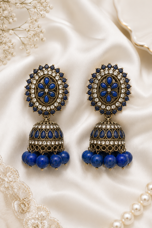 Deep Blue Kundan Jhumka Earrings