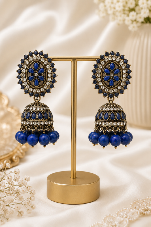 Deep Blue Kundan Jhumka Earrings